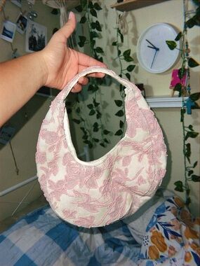 a new day Pink Floral Crescent Shoulder Bag with Cream Base